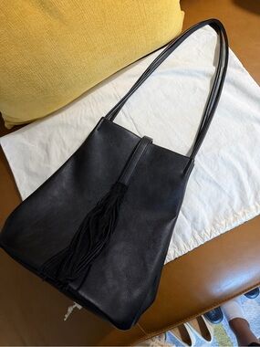 Street Level Black Leather Shoulder Tote with Tassel